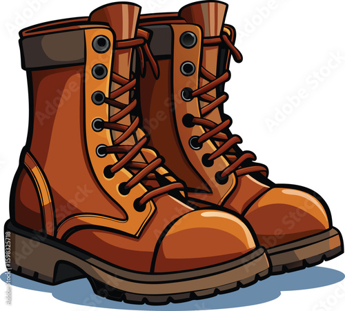 Cartoon Illustration of Brown Leather Work Boots with Laces and Soles