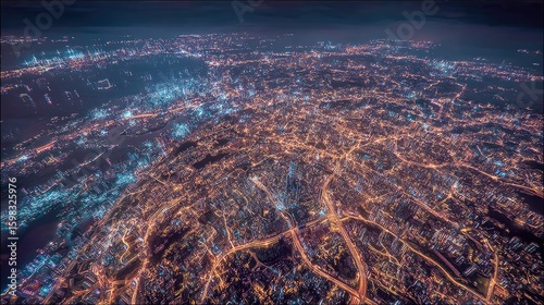 Aerial View Of A City At Night With Glowing Lights