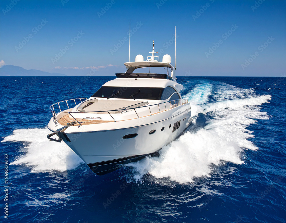 Fototapeta premium A high-speed racing boat leaving a dramatic white water trail against a deep blue ocean horizon.