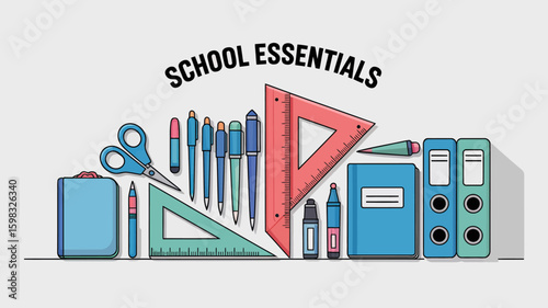 Essential School Supplies Arranged on Light Background Ready for Students and Teachers Back to School Preparation