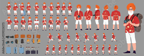 Traveler character model sheet, Character poses, expressions, Walk cycle, Run cycle animated character sequences.
