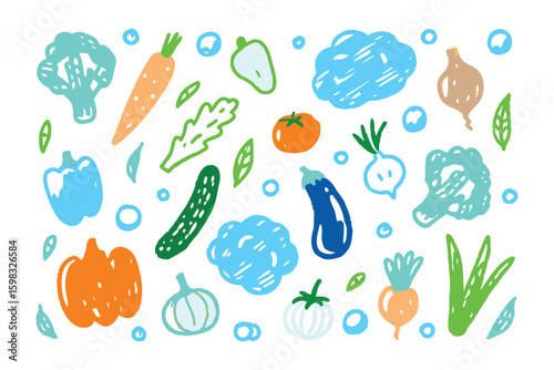 Fresh Bounty of the Earth: A vibrant array of hand-drawn vegetables and fruits, bursting with color, celebrates the bounty of nature's harvest. Each element is crafted with care and simplicity.