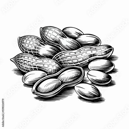 Illustration of a pile of peanuts in their shells and shelled peanuts drawing with vintage engraving style monochrome illustration