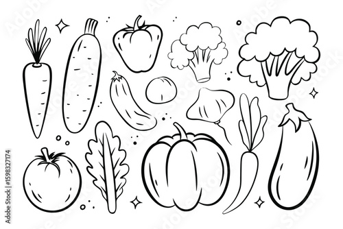 A Symphony of Nature's Bounty: A charming black-and-white illustration of various fresh and nutritious vegetables. Embrace the simplicity of this wholesome composition.