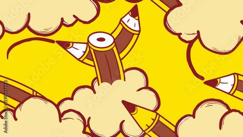Colorful illustration of pencils amidst playful clouds on a vibrant yellow background.