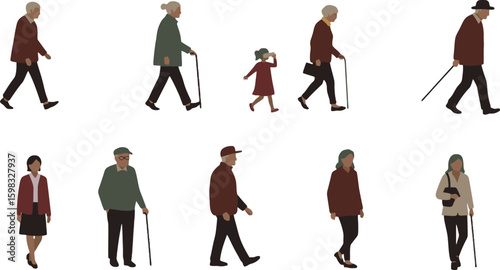 Vector art of diverse group of elderly people walking with canes isolated on white background
