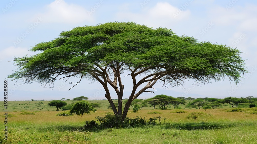 Obraz premium Majestic Acacia Tree Collection: Stunning Visuals of Thorny Branches, Fluffy Yellow Blooms, and Graceful Silhouettes Against Savanna Skies, Ideal for Wildlife Documentaries, African Safari Campaigns