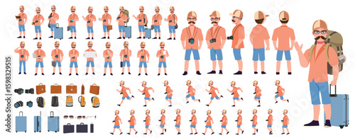 Traveler character model sheet, Character poses, expressions, Walk cycle, Run cycle animated character sequences.