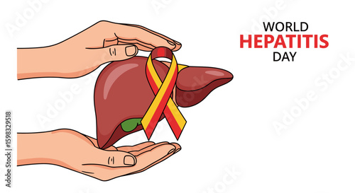 Hands gently cradle a stylized liver adorned with a yellow and red ribbon, symbolizing World Hepatitis Day awareness and care.