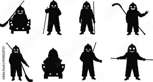 Vector art of a set of silhouette illustrations depicting ancient warriors with spears isolated on white background