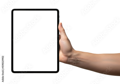 Hand holding a tablet device with a blank screen for mockup. Isolated on transparent background, png