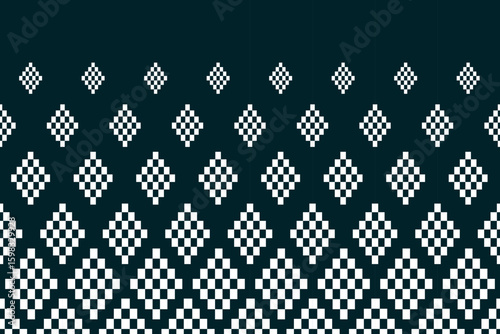 A seamless pixel art pattern inspired by traditional ethnic textiles. Featuring geometric motifs and intricate symmetrical designs, perfect for fashion, fabric prints, digital backgrounds, and decorat