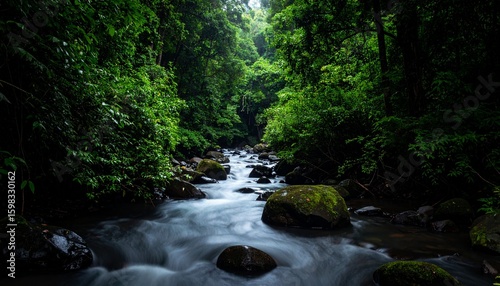 Río de aguas oscuras que fluye a través de un exuberante bosque verde