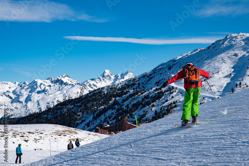 People enjoy ski and snowboard for winter holiday in Alps area, Les Arcs 2000, Savoie, France, Europe
