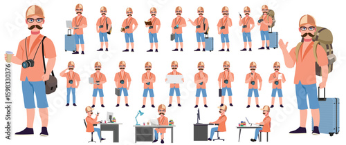 Traveler character model sheet, Character poses, expressions, Walk cycle, Run cycle animated character sequences.