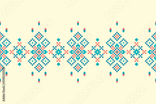 A seamless pixel art pattern inspired by traditional ethnic textiles. Featuring geometric motifs and intricate symmetrical designs, perfect for fashion, fabric prints, digital backgrounds, and decorat
