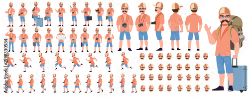 Traveler character model sheet, Character poses, expressions, Walk cycle, Run cycle animated character sequences.