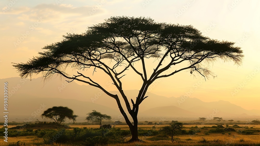 Obraz premium Majestic Acacia Tree Collection: Stunning Visuals of Thorny Branches, Fluffy Yellow Blooms, and Graceful Silhouettes Against Savanna Skies, Ideal for Wildlife Documentaries, African Safari Campaigns