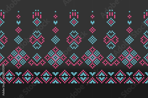 A seamless pixel art pattern inspired by traditional ethnic textiles. Featuring geometric motifs and intricate symmetrical designs, perfect for fashion, fabric prints, digital backgrounds, and decorat