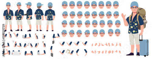 Traveler character model sheet, Character poses, expressions, Walk cycle, Run cycle animated character sequences.