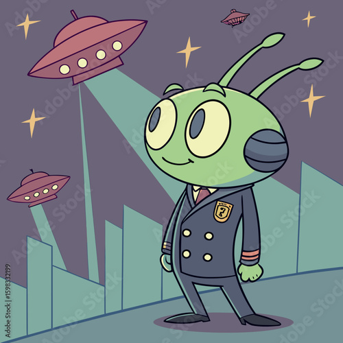 Cartoon Alien Officer with UFOs Over Futuristic City