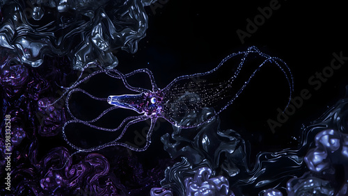Squid in abstract underwater fantasy scene.

