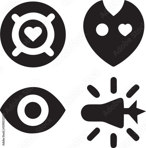 Movie genre icons comedy mask, horror eye, romance heart, action explosion icons