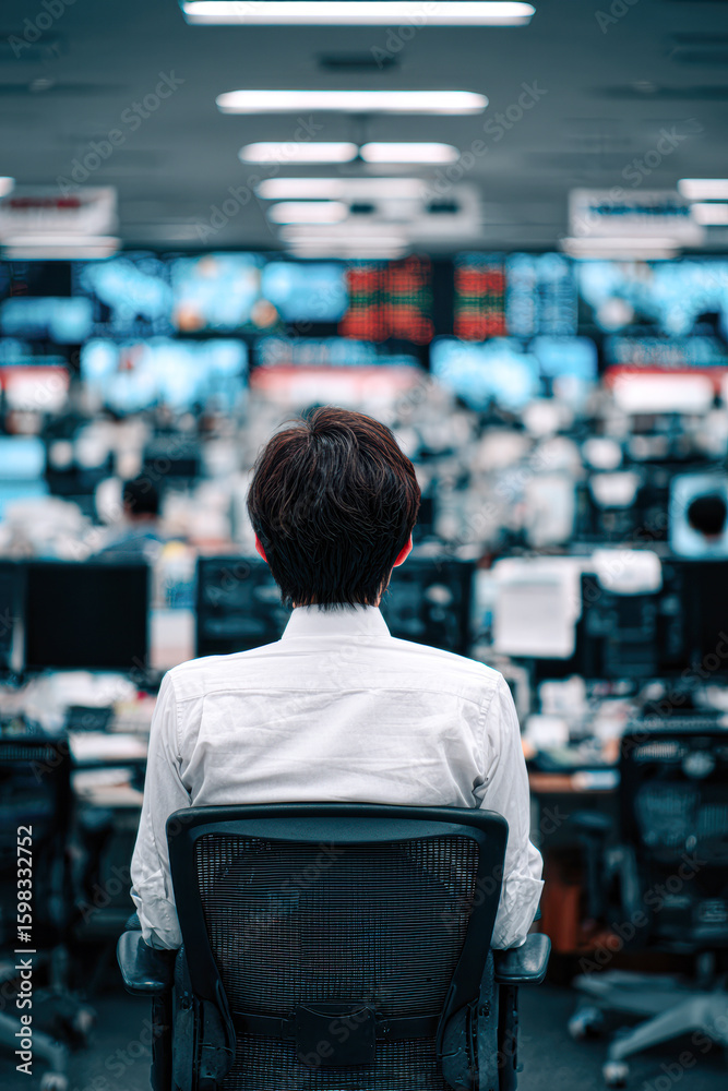 Fototapeta premium A person in a white shirt sits in an office chair, facing multiple blurred screens in a control room or data center environment.