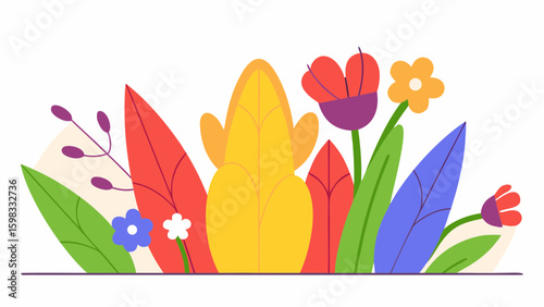 A vibrant, colorful illustration of flowers and leaves in various shapes and sizes.