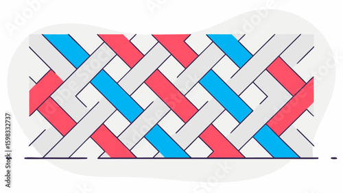 Abstract woven pattern featuring interlaced red, blue, and gray elements on a soft background, creating a vibrant visual texture.
