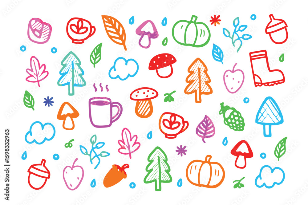 Autumn Elements Pattern: A vibrant collection of whimsical autumn elements artfully arranged against an unseen background, evoking the cozy warmth of fall. Autumn Elements Pattern: A vibrant collection of whimsical autumn elements artfully arranged against an unseen background, evoking the cozy warmth of fall.