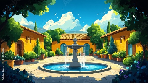 Village Fountain Illustration Watercolour Drawing