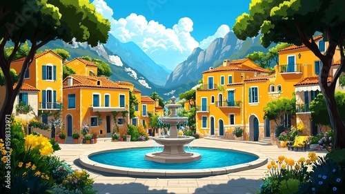 Village Fountain Illustration Watercolour Drawing