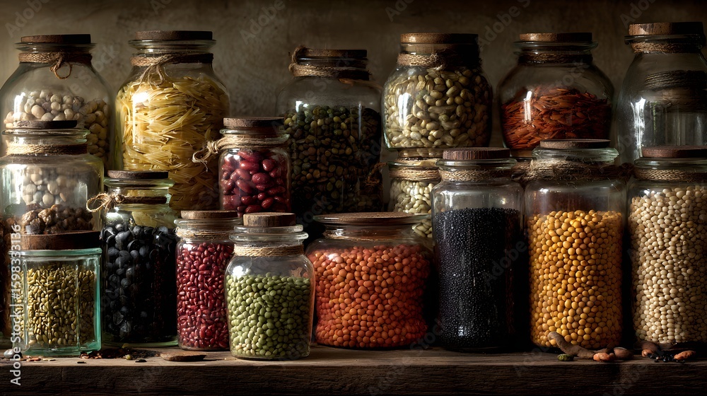 Reused glass jars creatively storing various dry legumes to promote sustainability and healthy eating. Reused glass jars creatively storing various dry legumes to promote sustainability and healthy eating.