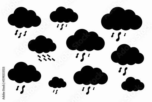 Black and White Rain Cloud Set Vector Illustration Weather Pattern Design Element Creative Graphic Resource Collection
