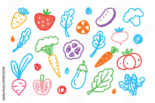 Vibrant Botanical Collage: A whimsical collection of hand-drawn, colorful fruits and vegetables, artfully arranged to celebrate the freshness and vitality of natural produce.