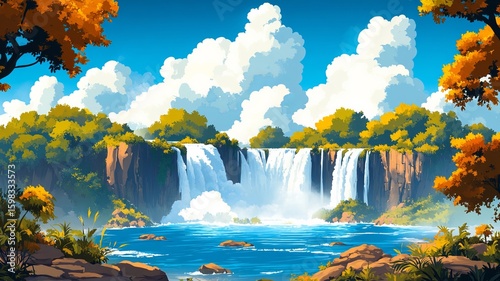 Waterfalls Nature Illustration Watercolour Drawing