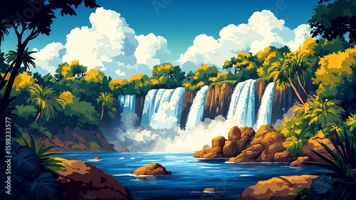 Waterfalls Nature Illustration Watercolour Drawing