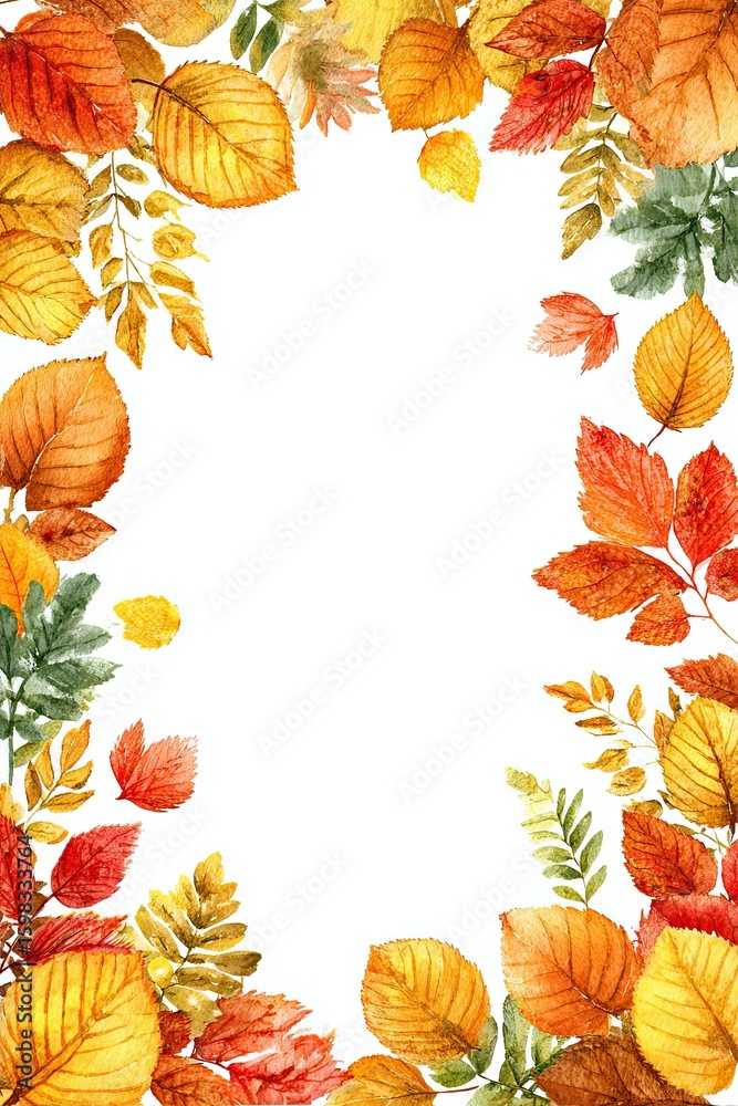 Fototapeta premium Watercolor autumn border with red orange and yellow leaves arranged on white background with copy space