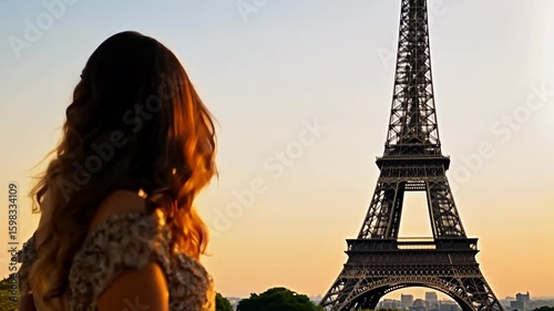 Young Fashionable Woman Standing in Front of Eiffel Tower at Sunset
