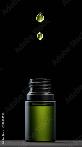 Two green oil droplets fall into a small green bottle against a black background, highlighting purity and concentration.