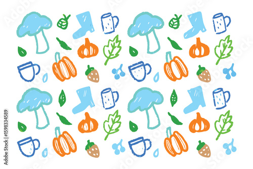Fall Season Doodle Pattern: A playful doodle arrangement celebrating the essence of autumn, showcasing charming illustrations of pumpkins, mushrooms, leaves, coffee mugs, strawberries, acorns.