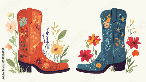 Rustic Vintage Cowboy Boots with Wildflowers and Shoe Polish