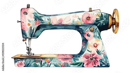 Vintage Floral Sewing Machine Watercolor Illustration