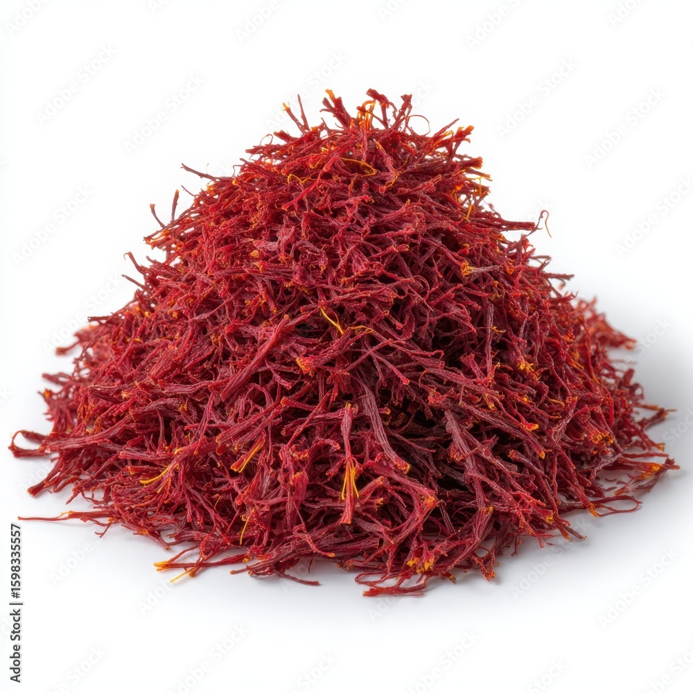 Fototapeta premium A vibrant pile of red saffron threads isolated on white background