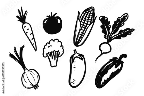 Assortment of Monochrome Vegetables: A simple, stylish illustration showcases a collection of various vegetables in monochrome, highlighting their unique shapes and textures.