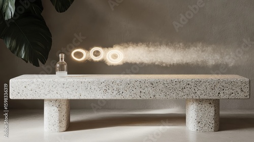 Modern Minimalist Bench with Glass Bottle and Dramatic Lighting Effects