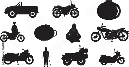 Vector art of a collection of motorcycle and vehicle silhouettes isolated on white background, with additional figures and objects