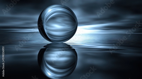 Mysterious Silvery Sphere Reflecting on Calm Dark Water Surface