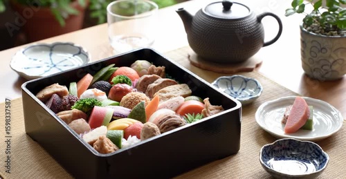 A beautifully arranged bento box filled with colorful, traditional Japanese delicacies, set against a serene dining backdrop.